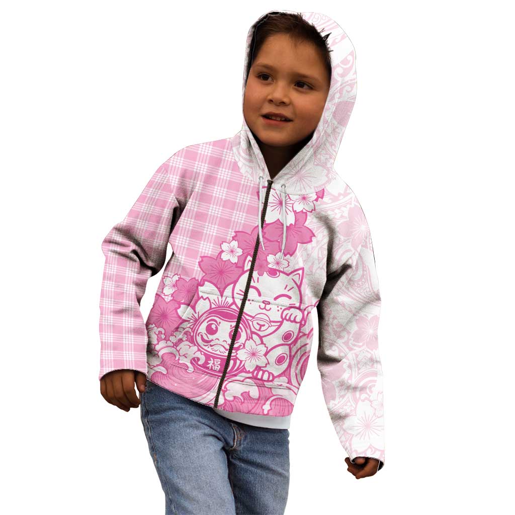 Pink Palaka Hawaiian And Japanese Kid Hoodie Maneki Neko And Sakura Bloom