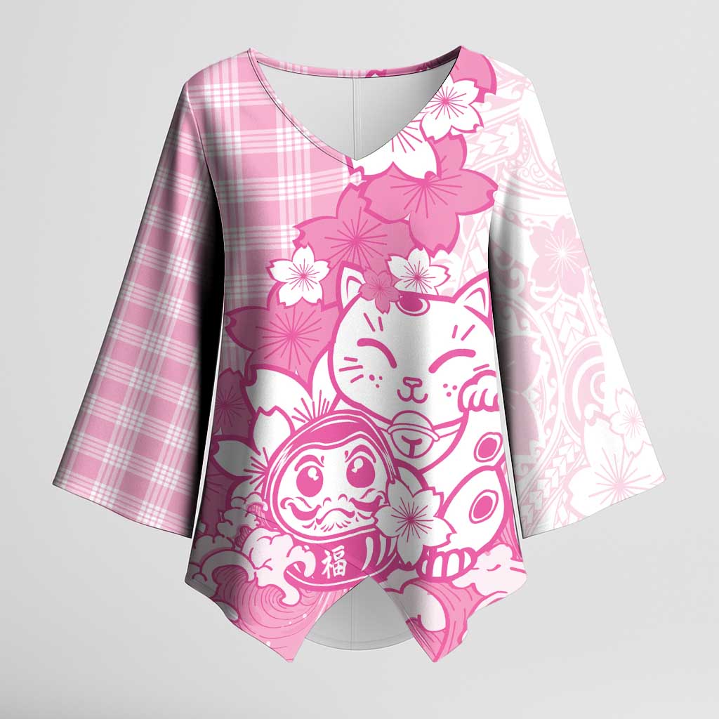 Pink Palaka Hawaiian And Japanese Kimono Sleeve Blouse Maneki Neko And Sakura Bloom