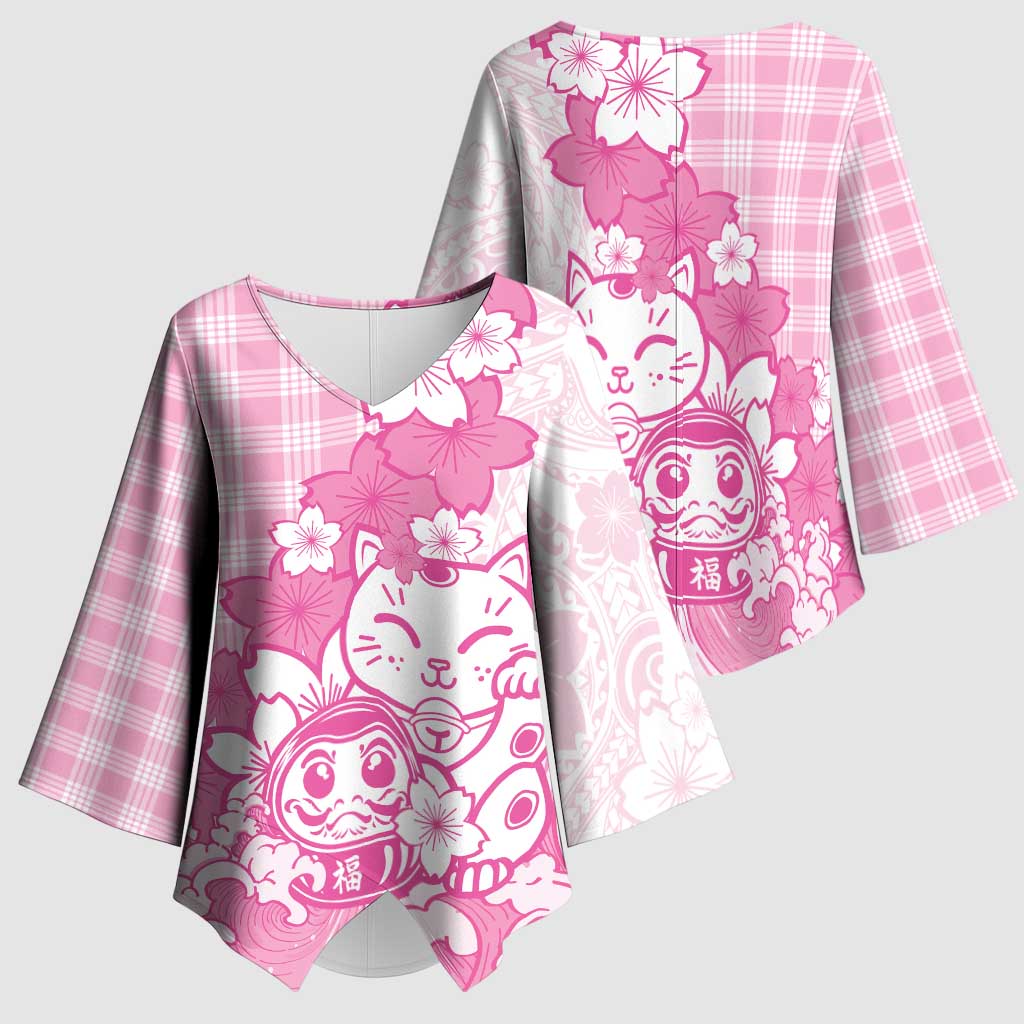 Pink Palaka Hawaiian And Japanese Kimono Sleeve Blouse Maneki Neko And Sakura Bloom