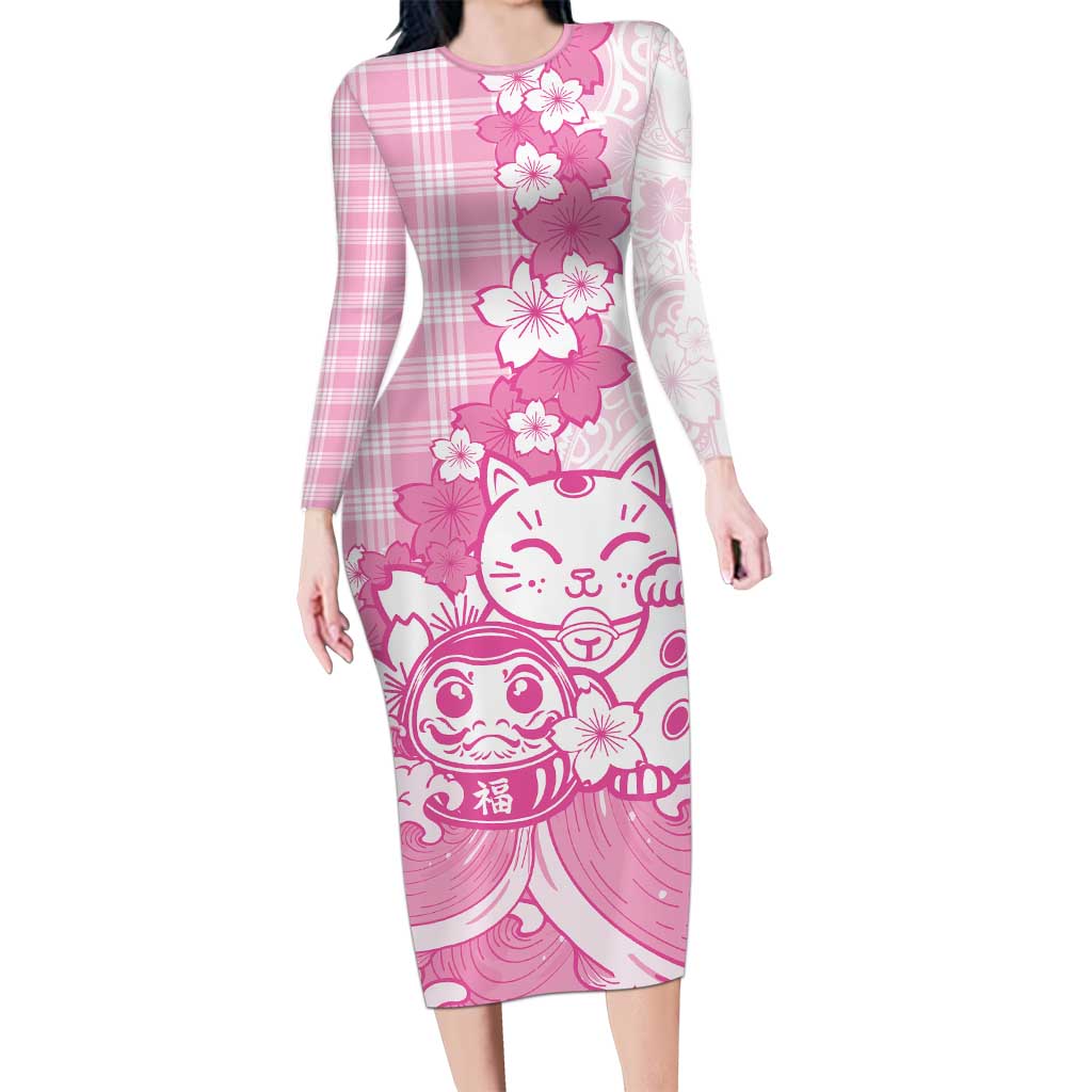 Pink Palaka Hawaiian And Japanese Long Sleeve Bodycon Dress Maneki Neko And Sakura Bloom DT05 Long Dress Pink - Polynesian Pride