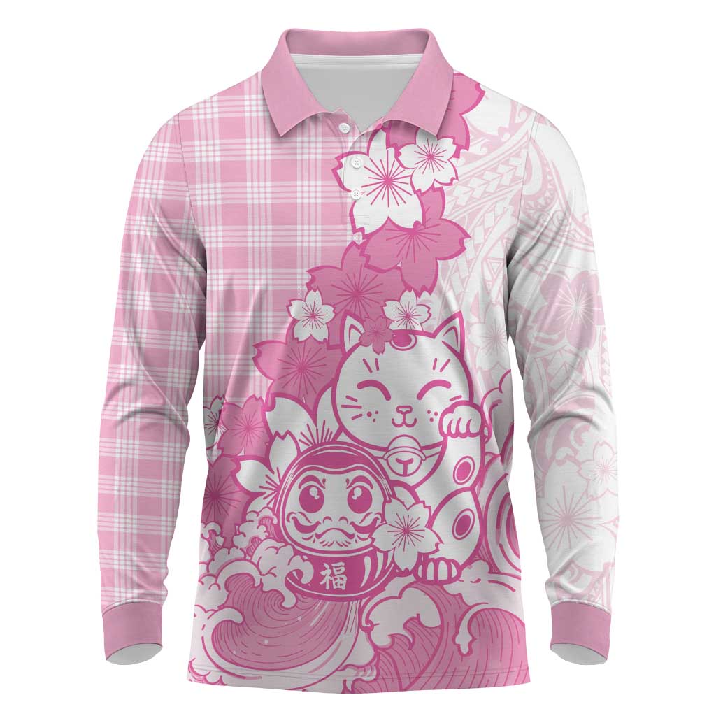 Pink Palaka Hawaiian And Japanese Long Sleeve Polo Shirt Maneki Neko And Sakura Bloom