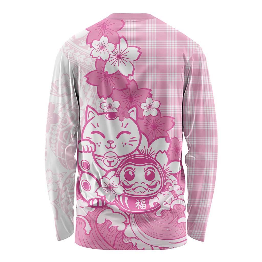 Pink Palaka Hawaiian And Japanese Long Sleeve Shirt Maneki Neko And Sakura Bloom