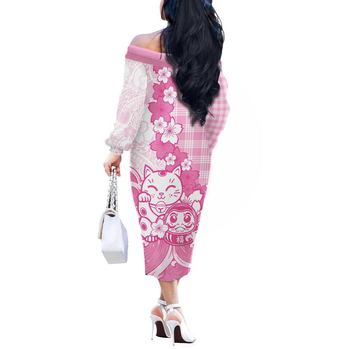 Pink Palaka Hawaiian And Japanese Off The Shoulder Long Sleeve Dress Maneki Neko And Sakura Bloom DT05 - Polynesian Pride