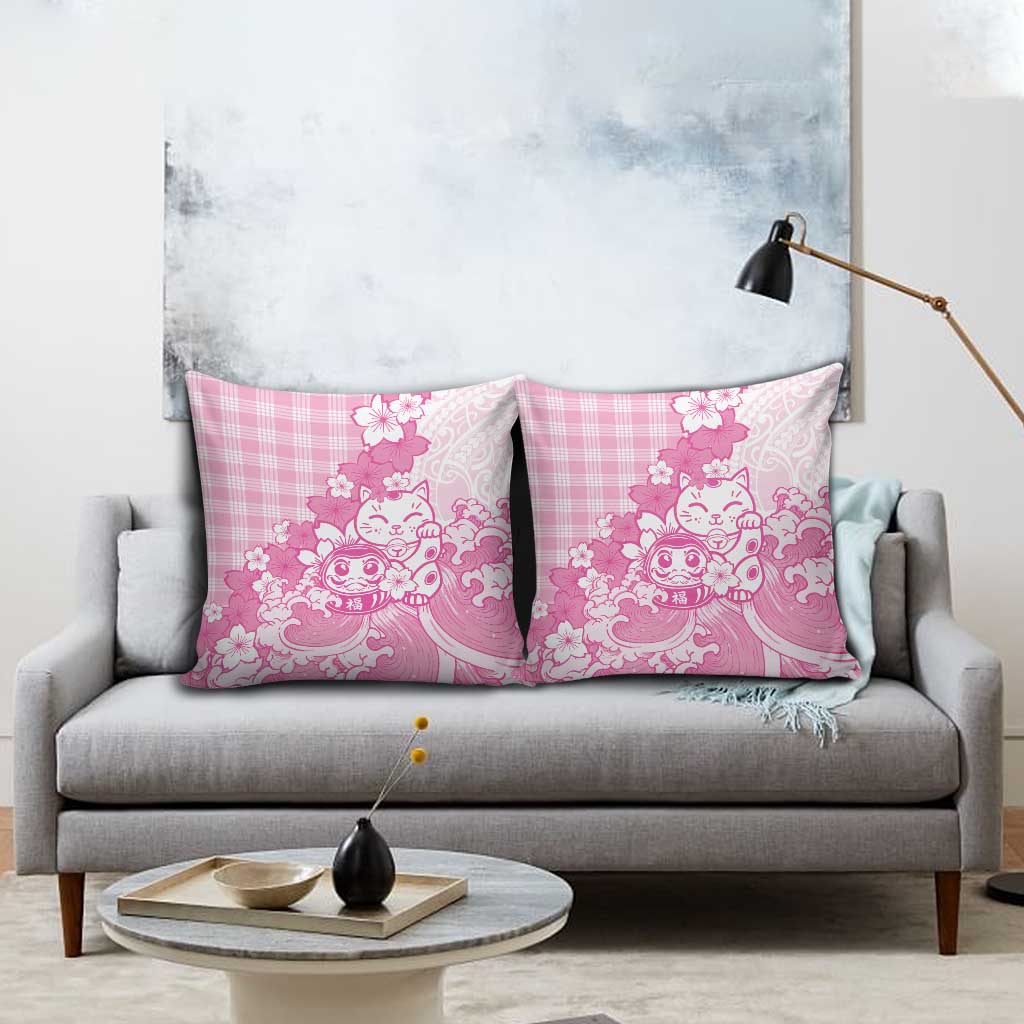Pink Palaka Hawaiian And Japanese Pillow Cover Maneki Neko And Sakura Bloom