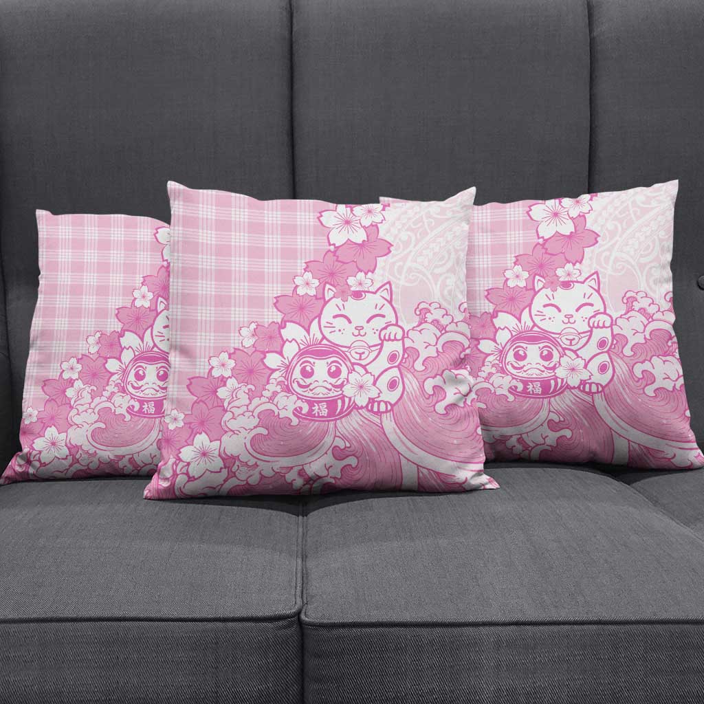 Pink Palaka Hawaiian And Japanese Pillow Cover Maneki Neko And Sakura Bloom