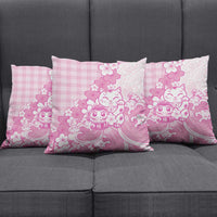 Pink Palaka Hawaiian And Japanese Pillow Cover Maneki Neko And Sakura Bloom