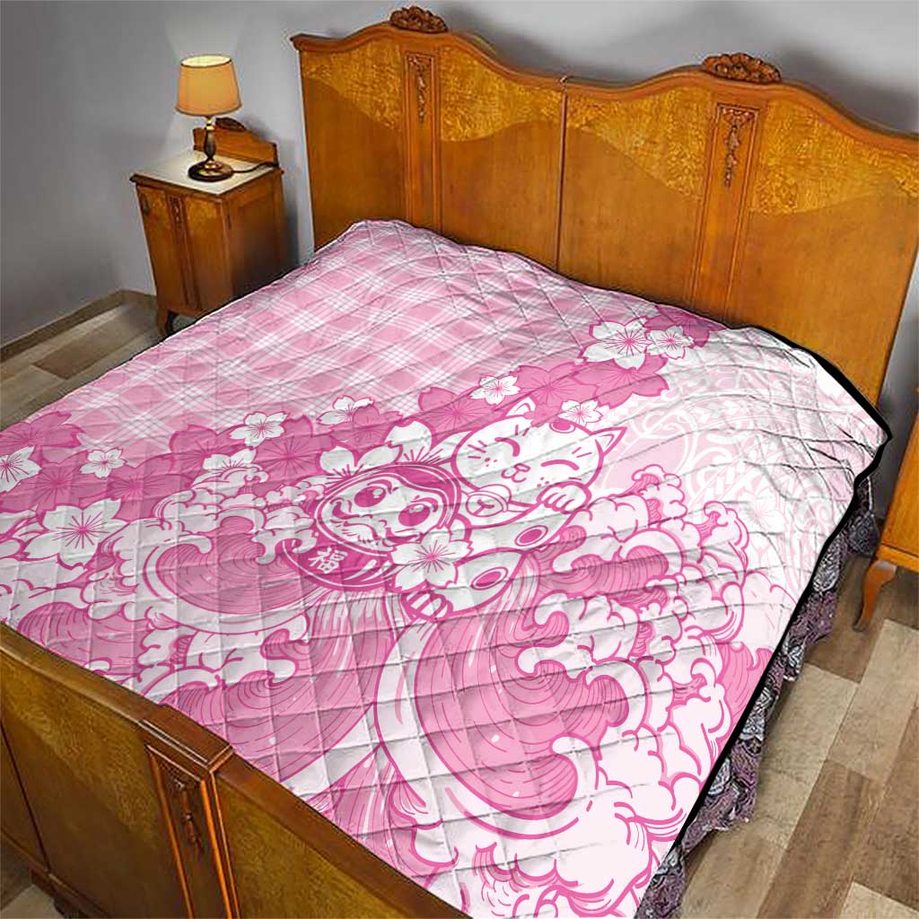 Pink Palaka Hawaiian And Japanese Quilt Maneki Neko And Sakura Bloom DT05 - Polynesian Pride