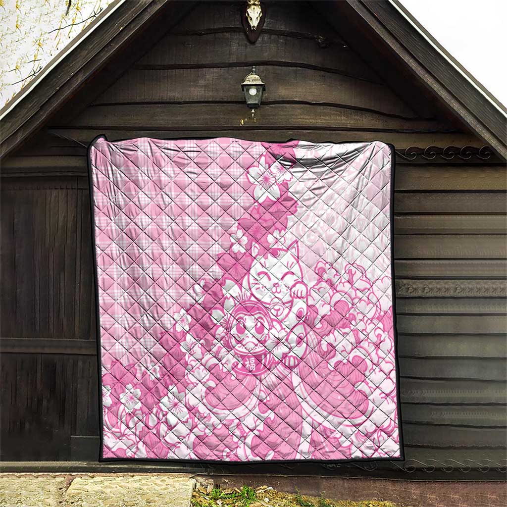 Pink Palaka Hawaiian And Japanese Quilt Maneki Neko And Sakura Bloom DT05 - Polynesian Pride