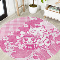 Pink Palaka Hawaiian And Japanese Round Carpet Maneki Neko And Sakura Bloom DT05 Pink - Polynesian Pride