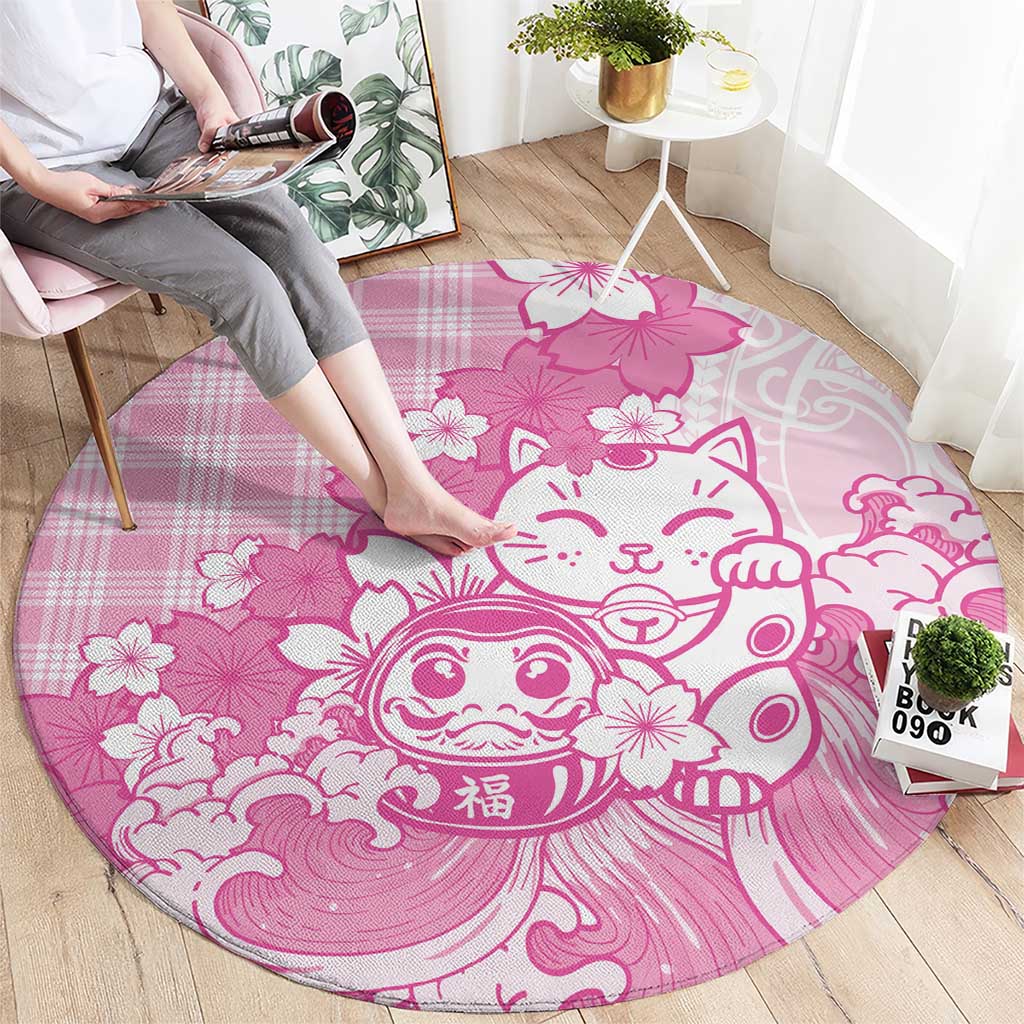 Pink Palaka Hawaiian And Japanese Round Carpet Maneki Neko And Sakura Bloom DT05 - Polynesian Pride