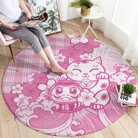 Pink Palaka Hawaiian And Japanese Round Carpet Maneki Neko And Sakura Bloom DT05 - Polynesian Pride