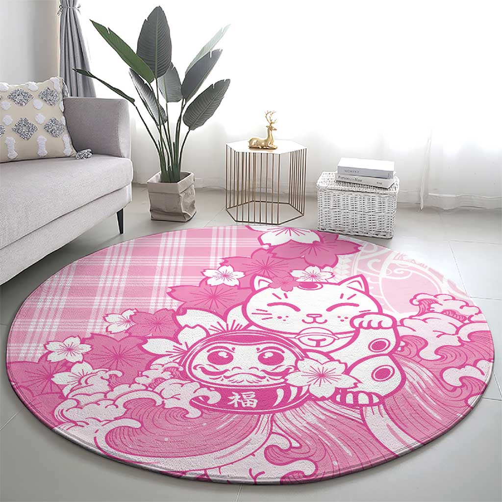 Pink Palaka Hawaiian And Japanese Round Carpet Maneki Neko And Sakura Bloom DT05 - Polynesian Pride