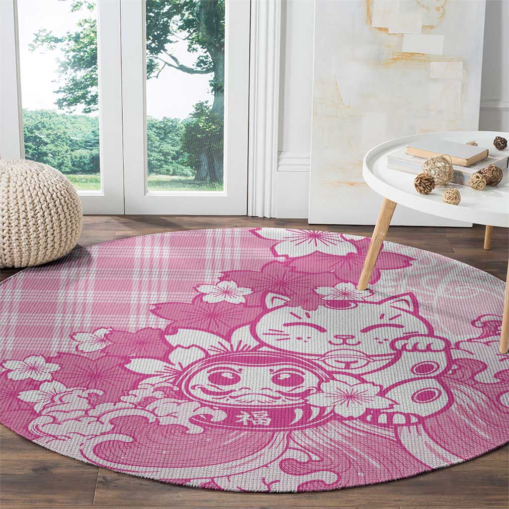 Pink Palaka Hawaiian And Japanese Round Carpet Maneki Neko And Sakura Bloom DT05 - Polynesian Pride