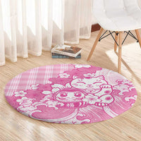 Pink Palaka Hawaiian And Japanese Round Carpet Maneki Neko And Sakura Bloom DT05 - Polynesian Pride