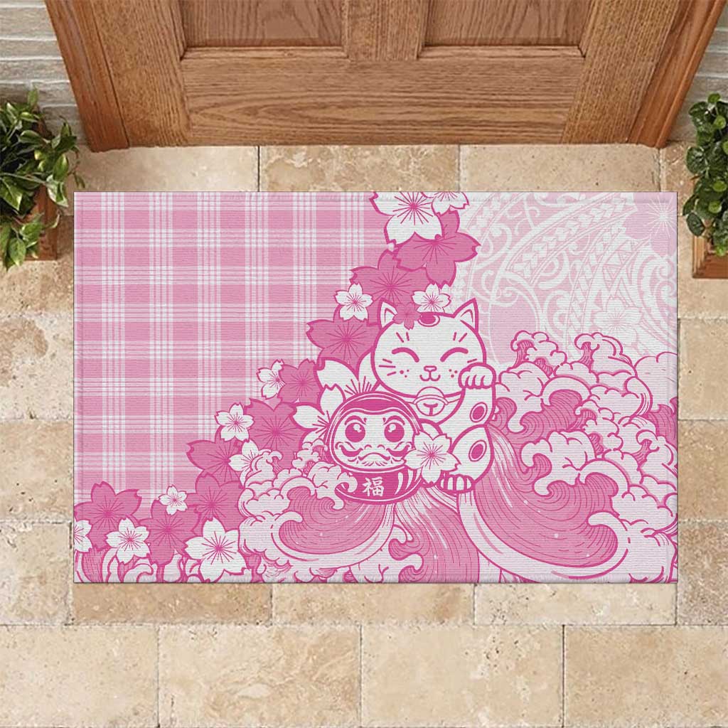 Pink Palaka Hawaiian And Japanese Rubber Doormat Maneki Neko And Sakura Bloom DT05 Pink - Polynesian Pride