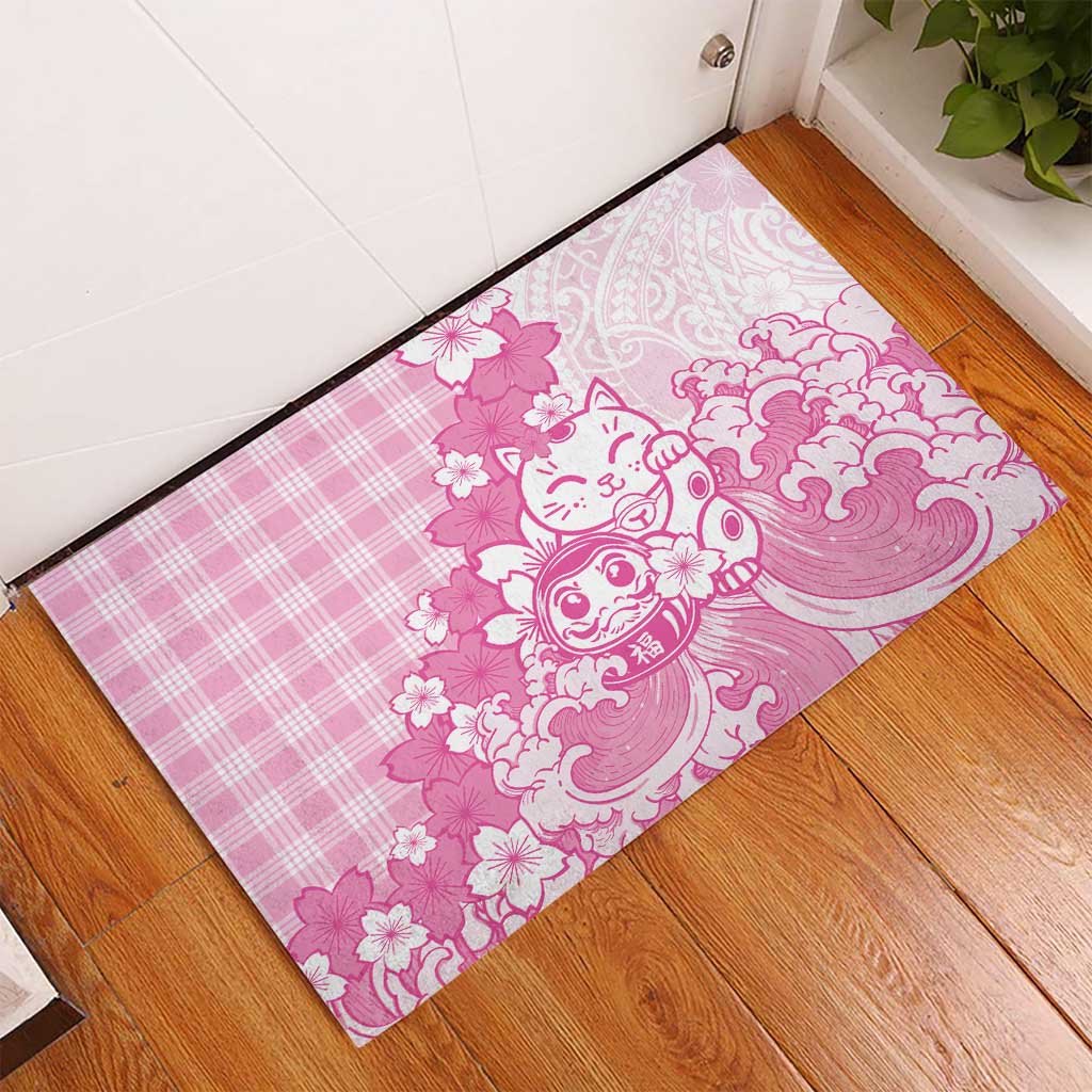 Pink Palaka Hawaiian And Japanese Rubber Doormat Maneki Neko And Sakura Bloom DT05 - Polynesian Pride