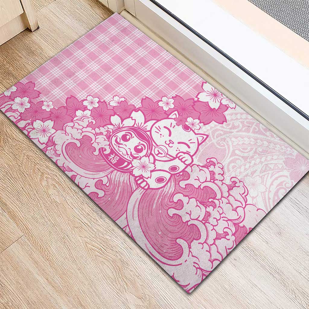 Pink Palaka Hawaiian And Japanese Rubber Doormat Maneki Neko And Sakura Bloom DT05 - Polynesian Pride