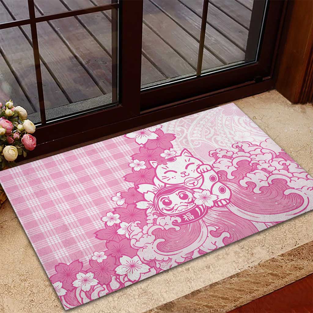 Pink Palaka Hawaiian And Japanese Rubber Doormat Maneki Neko And Sakura Bloom DT05 - Polynesian Pride