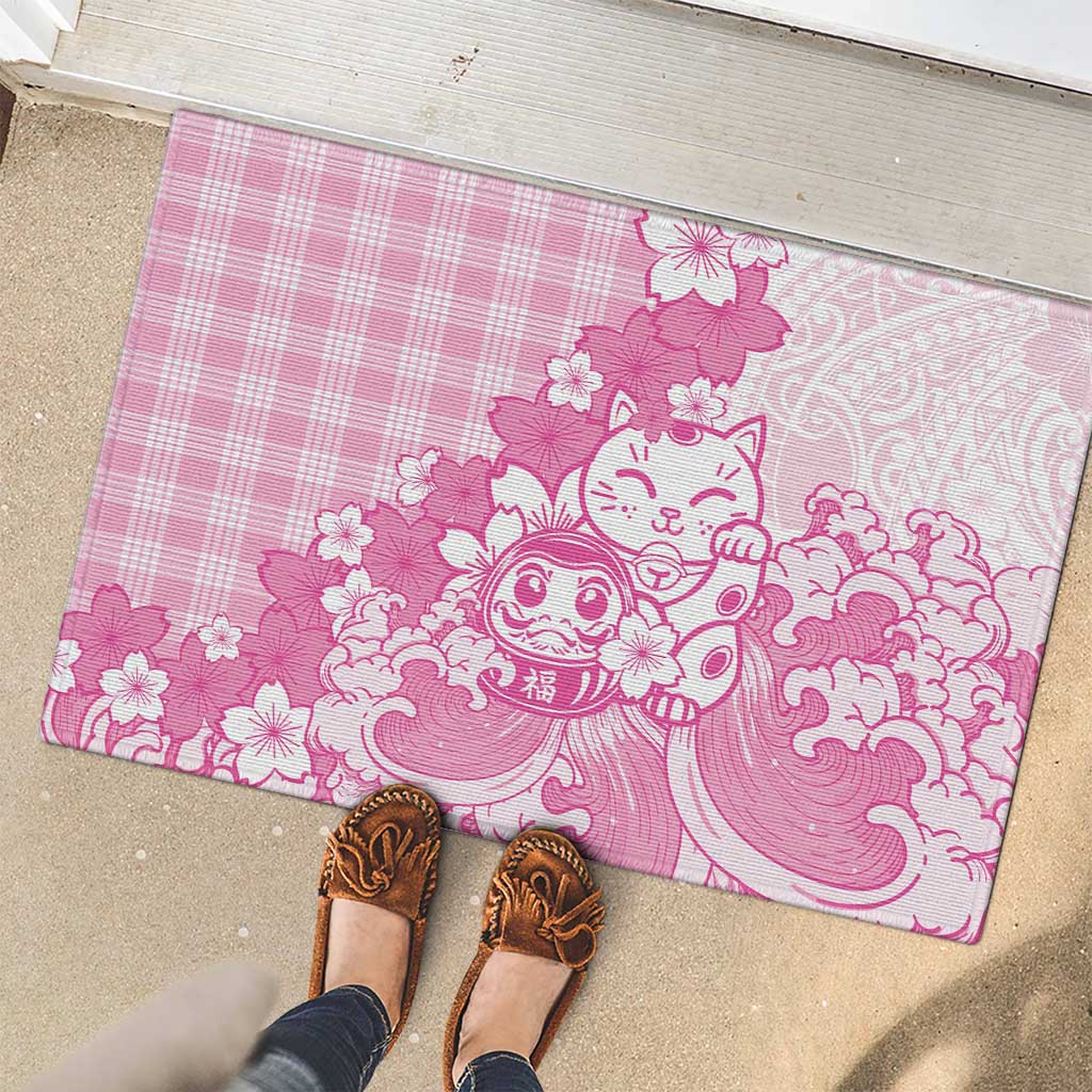 Pink Palaka Hawaiian And Japanese Rubber Doormat Maneki Neko And Sakura Bloom DT05 - Polynesian Pride