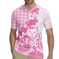 Pink Palaka Hawaiian And Japanese Rugby Jersey Maneki Neko And Sakura Bloom