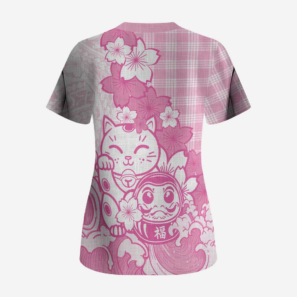 Pink Palaka Hawaiian And Japanese Scrub Top Maneki Neko And Sakura Bloom