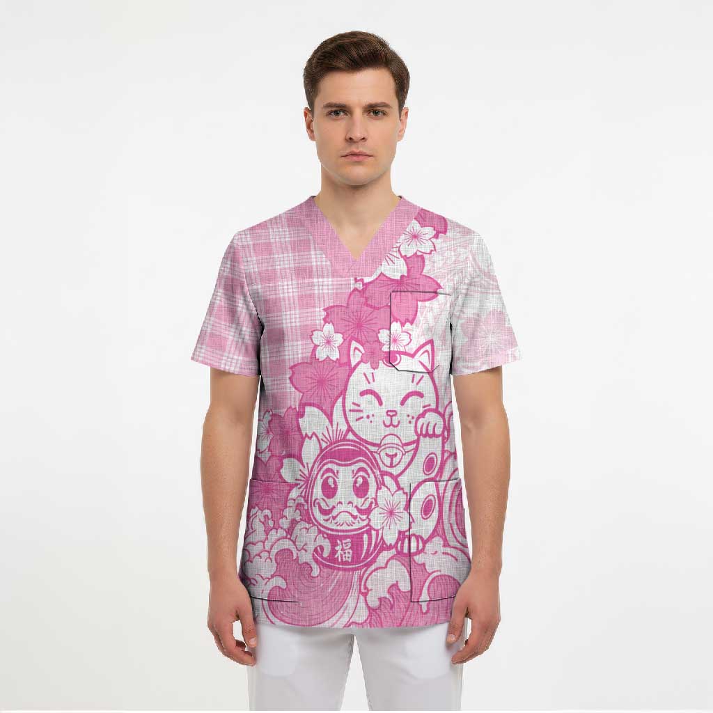 Pink Palaka Hawaiian And Japanese Scrub Top Maneki Neko And Sakura Bloom