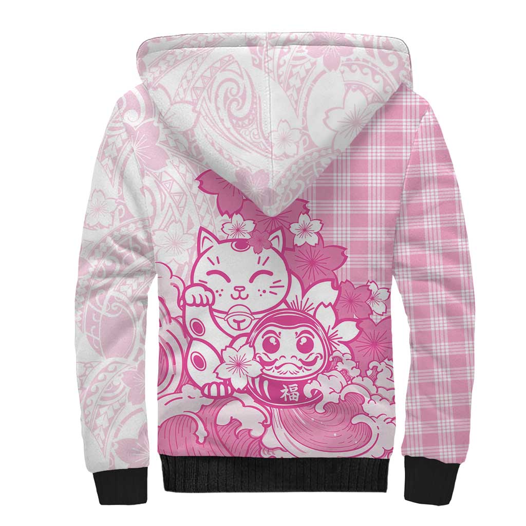 Pink Palaka Hawaiian And Japanese Sherpa Hoodie Maneki Neko And Sakura Bloom DT05 - Polynesian Pride