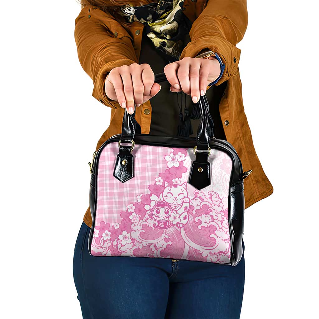 Pink Palaka Hawaiian And Japanese Shoulder Handbag Maneki Neko And Sakura Bloom