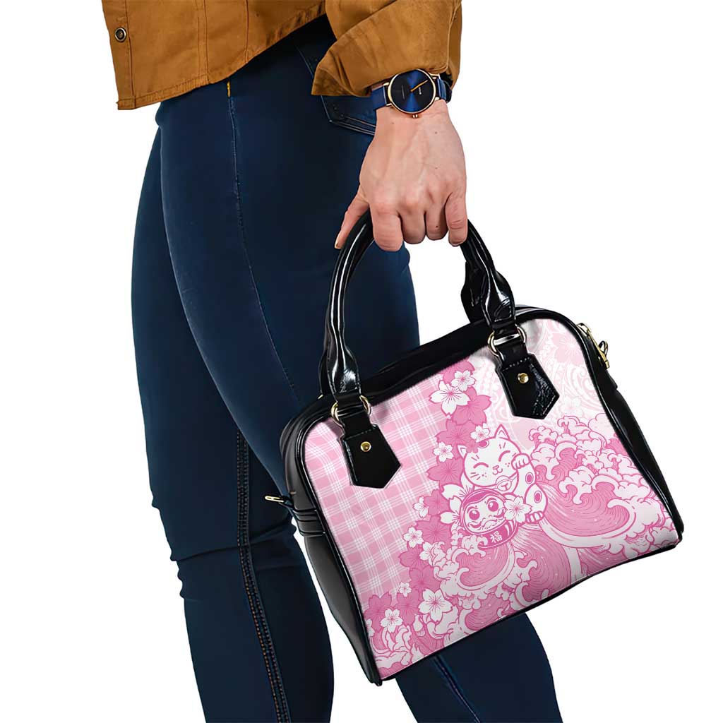 Pink Palaka Hawaiian And Japanese Shoulder Handbag Maneki Neko And Sakura Bloom