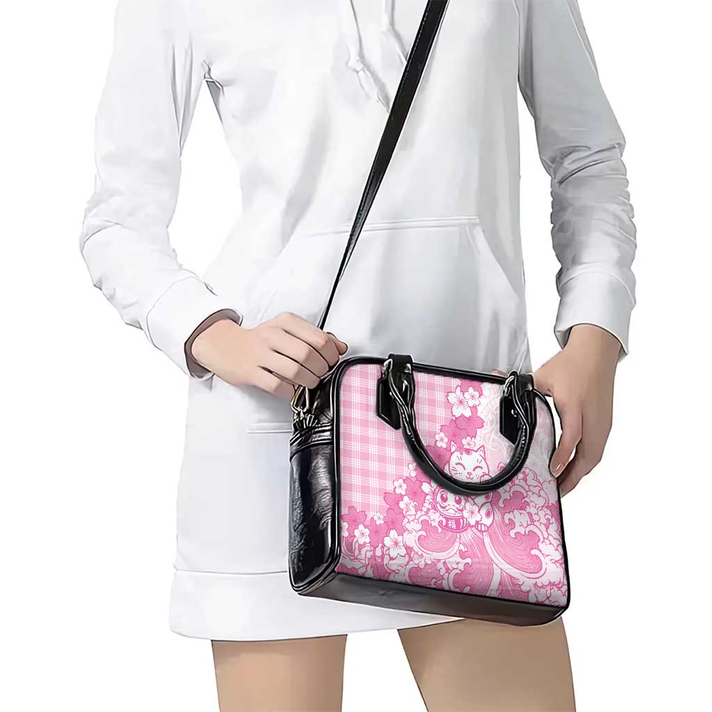 Pink Palaka Hawaiian And Japanese Shoulder Handbag Maneki Neko And Sakura Bloom