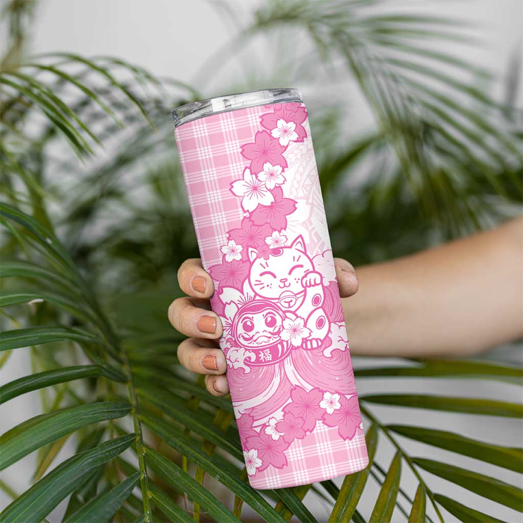 Pink Palaka Hawaiian And Japanese Skinny Tumbler Maneki Neko And Sakura Bloom