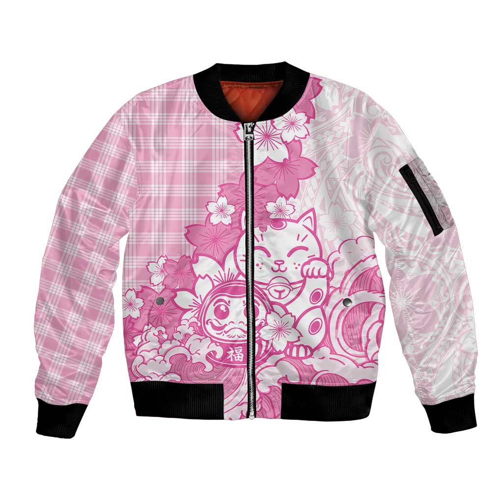 Pink Palaka Hawaiian And Japanese Sleeve Zip Bomber Jacket Maneki Neko And Sakura Bloom