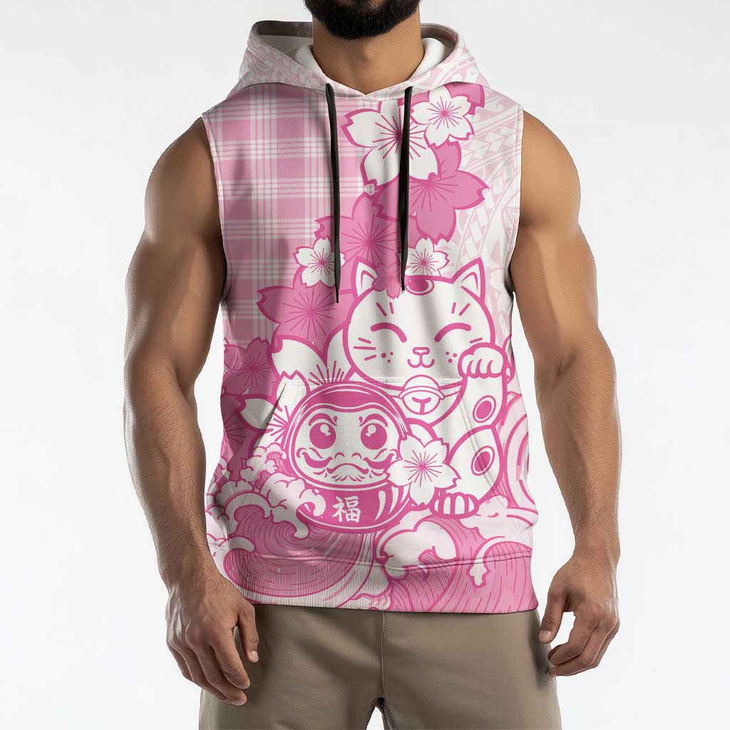 Pink Palaka Hawaiian And Japanese Sleeveless Hoodie Maneki Neko And Sakura Bloom