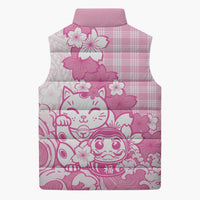 Pink Palaka Hawaiian And Japanese Sleeveless Puffer Jacket Maneki Neko And Sakura Bloom