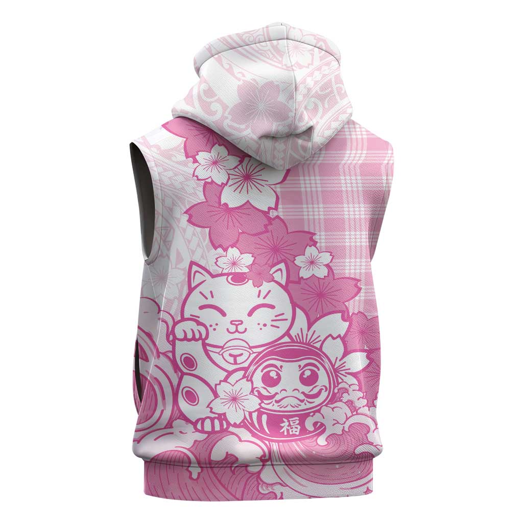Pink Palaka Hawaiian And Japanese Sleeveless Zip Hoodie Maneki Neko And Sakura Bloom