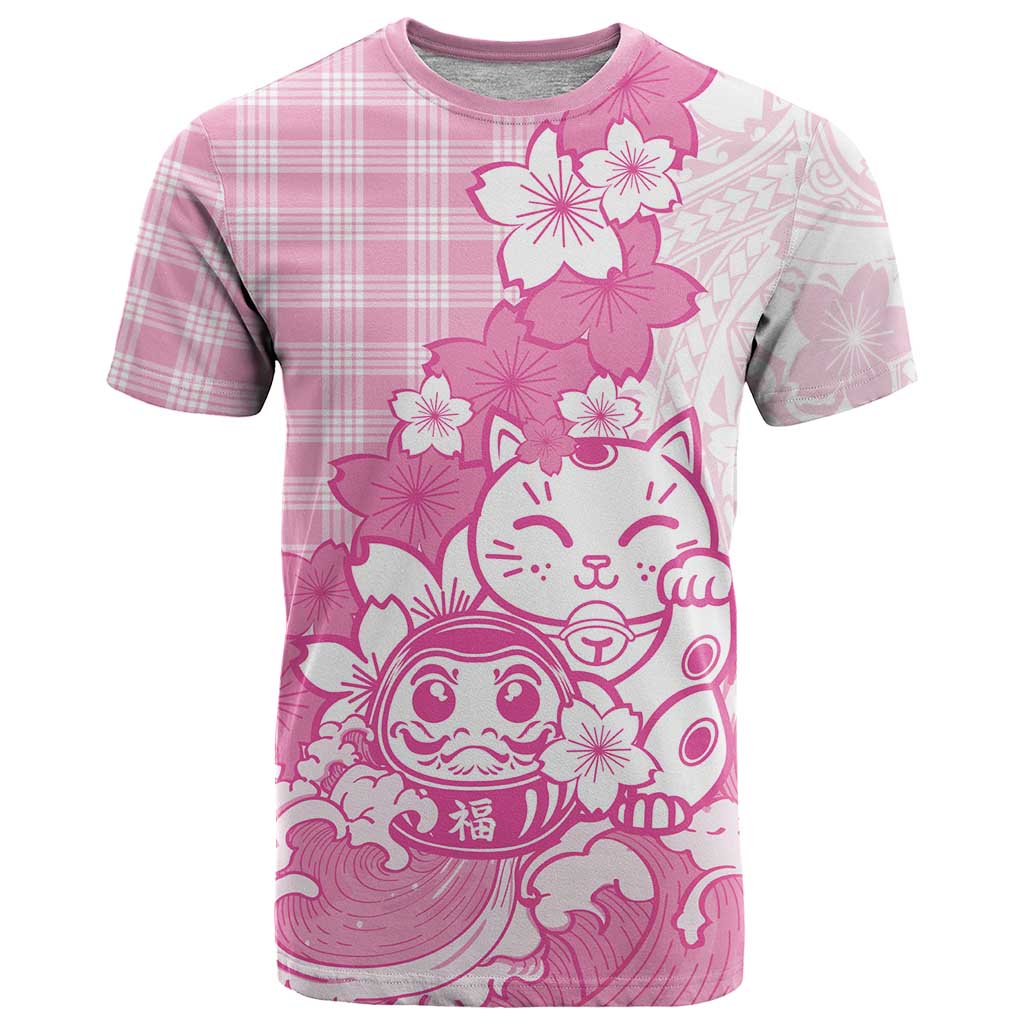 Pink Palaka Hawaiian And Japanese T Shirt Maneki Neko And Sakura Bloom