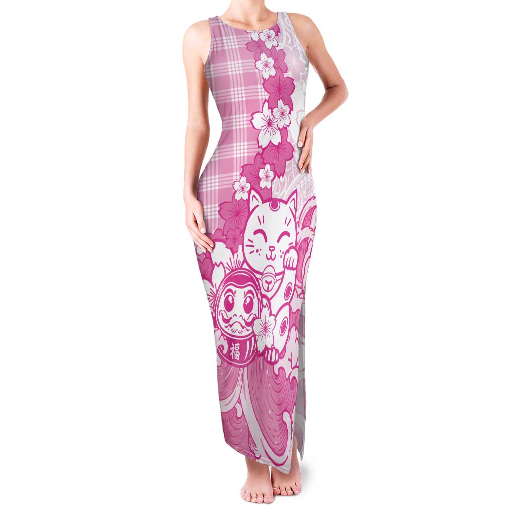 Pink Palaka Hawaiian And Japanese Tank Maxi Dress Maneki Neko And Sakura Bloom