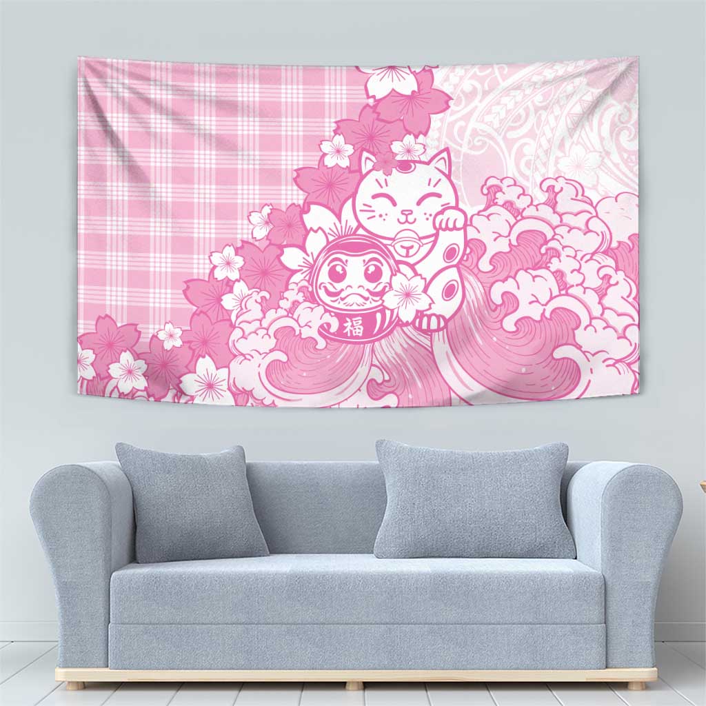 Pink Palaka Hawaiian And Japanese Tapestry Maneki Neko And Sakura Bloom