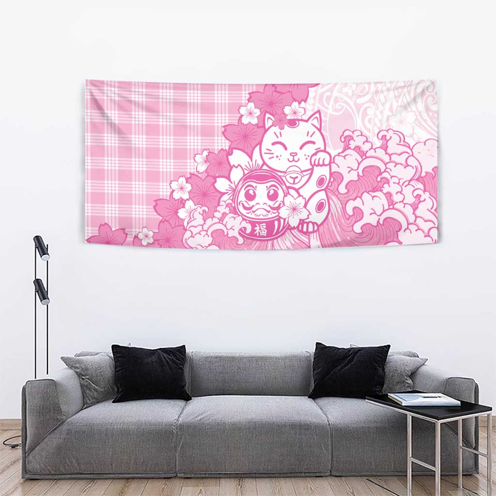 Pink Palaka Hawaiian And Japanese Tapestry Maneki Neko And Sakura Bloom