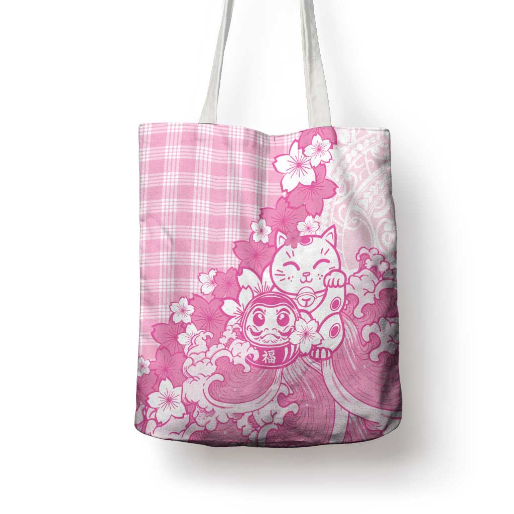Pink Palaka Hawaiian And Japanese Tote Bag Maneki Neko And Sakura Bloom