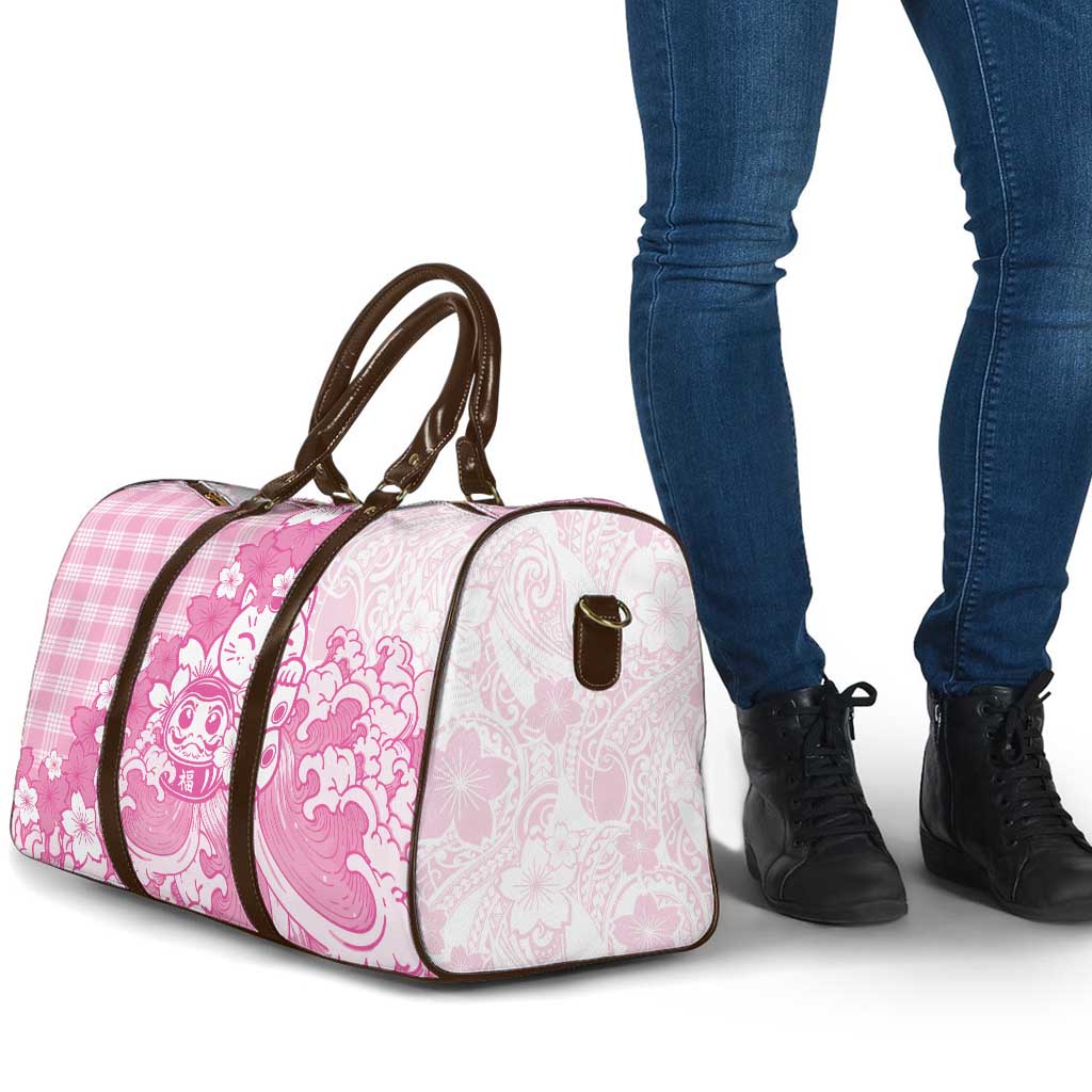 Pink Palaka Hawaiian And Japanese Travel Bag Maneki Neko And Sakura Bloom
