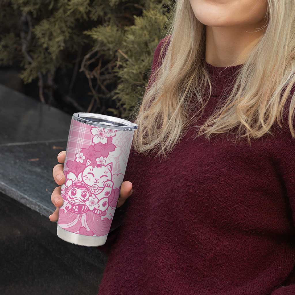 Pink Palaka Hawaiian And Japanese Tumbler Cup Maneki Neko And Sakura Bloom