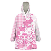 Pink Palaka Hawaiian And Japanese Wearable Blanket Hoodie Maneki Neko And Sakura Bloom DT05 One Size Pink - Polynesian Pride