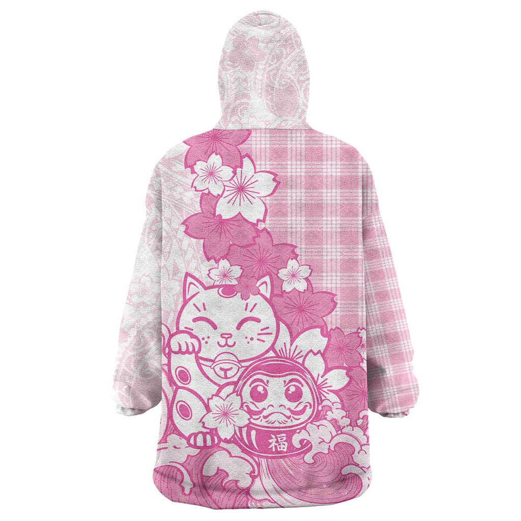 Pink Palaka Hawaiian And Japanese Wearable Blanket Hoodie Maneki Neko And Sakura Bloom DT05 - Polynesian Pride