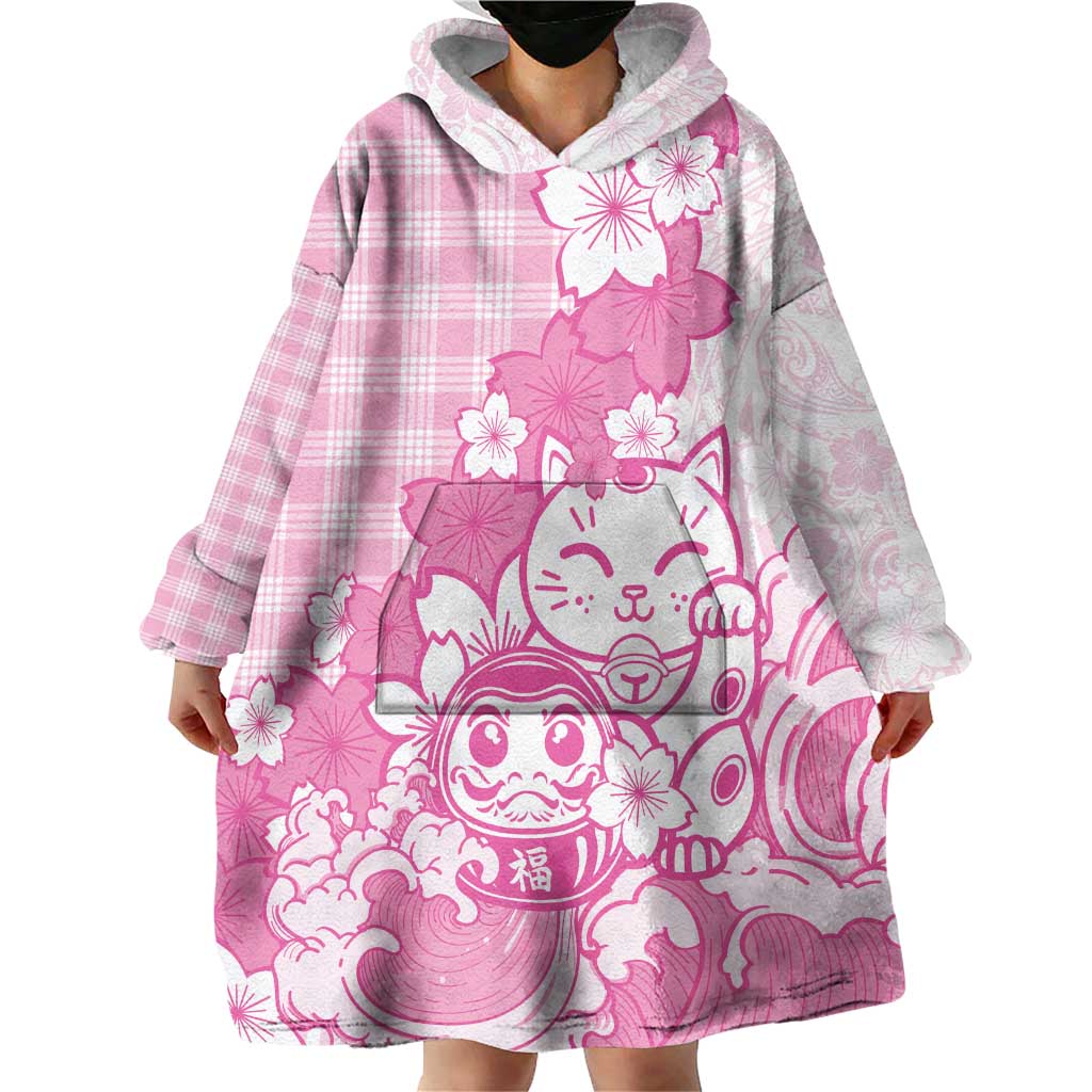 Pink Palaka Hawaiian And Japanese Wearable Blanket Hoodie Maneki Neko And Sakura Bloom DT05 - Polynesian Pride
