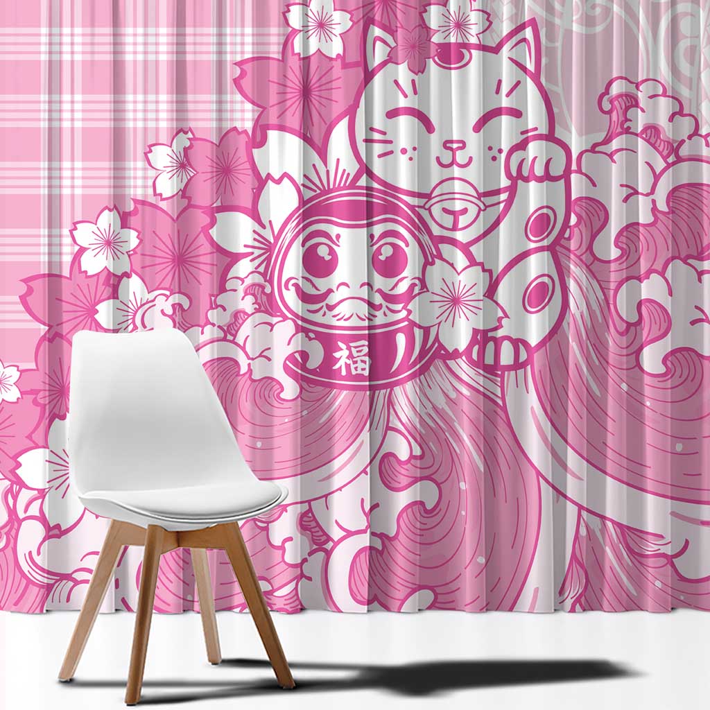 Pink Palaka Hawaiian And Japanese Window Curtain Maneki Neko And Sakura Bloom DT05 - Polynesian Pride