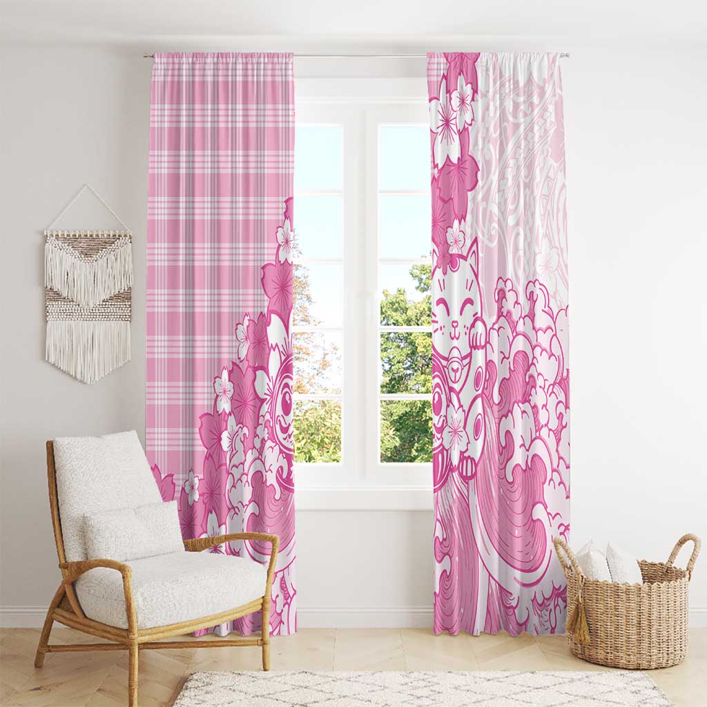 Pink Palaka Hawaiian And Japanese Window Curtain Maneki Neko And Sakura Bloom DT05 - Polynesian Pride