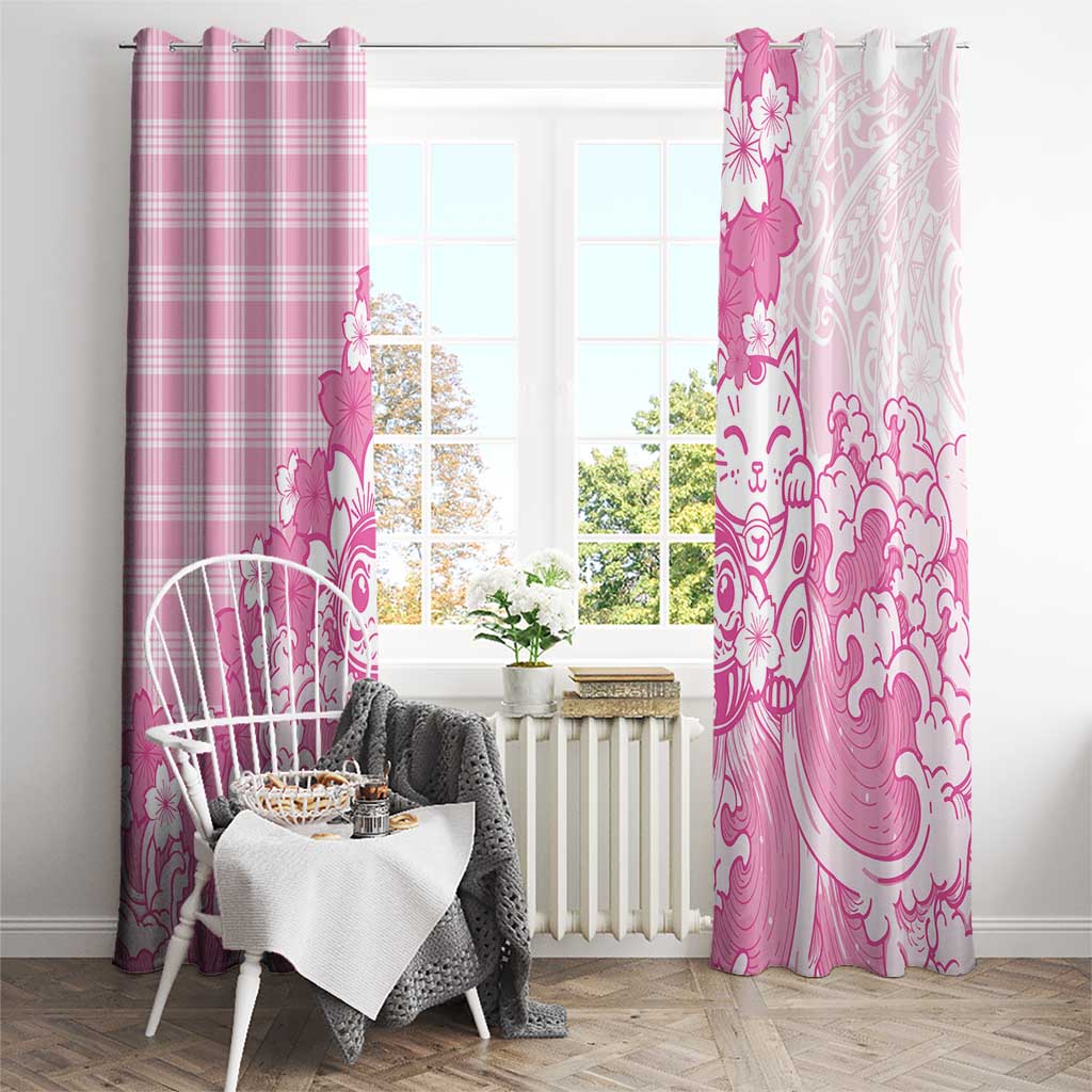 Pink Palaka Hawaiian And Japanese Window Curtain Maneki Neko And Sakura Bloom DT05 - Polynesian Pride