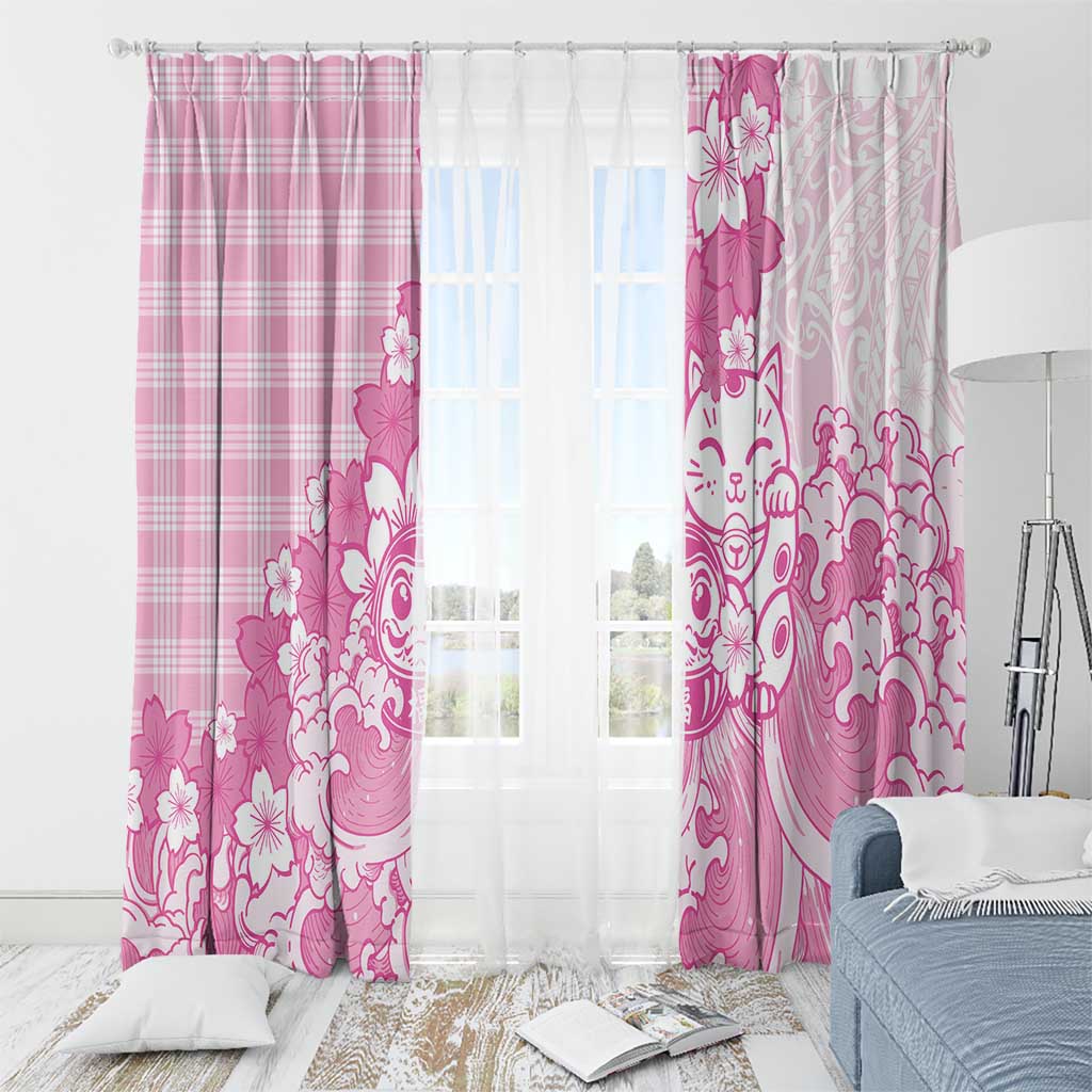 Pink Palaka Hawaiian And Japanese Window Curtain Maneki Neko And Sakura Bloom DT05 - Polynesian Pride