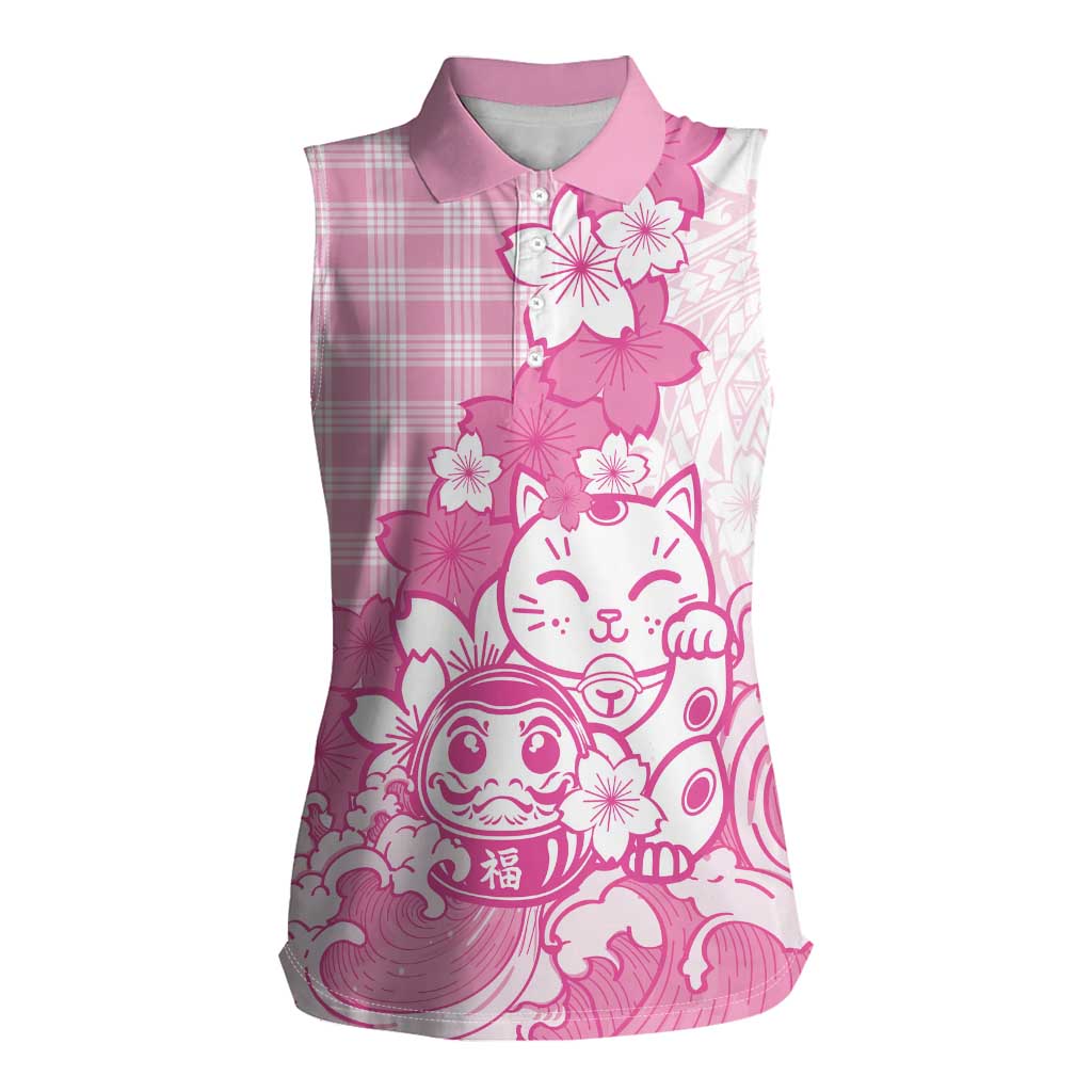 Pink Palaka Hawaiian And Japanese Women Sleeveless Polo Shirt Maneki Neko And Sakura Bloom
